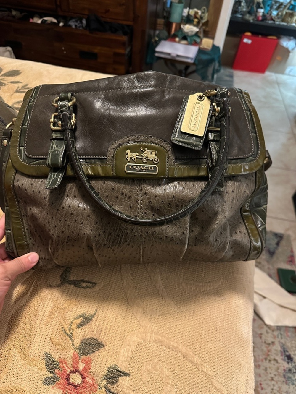 Coach Olive Green and Dark Brown Leather Satchel with Brass Accents
